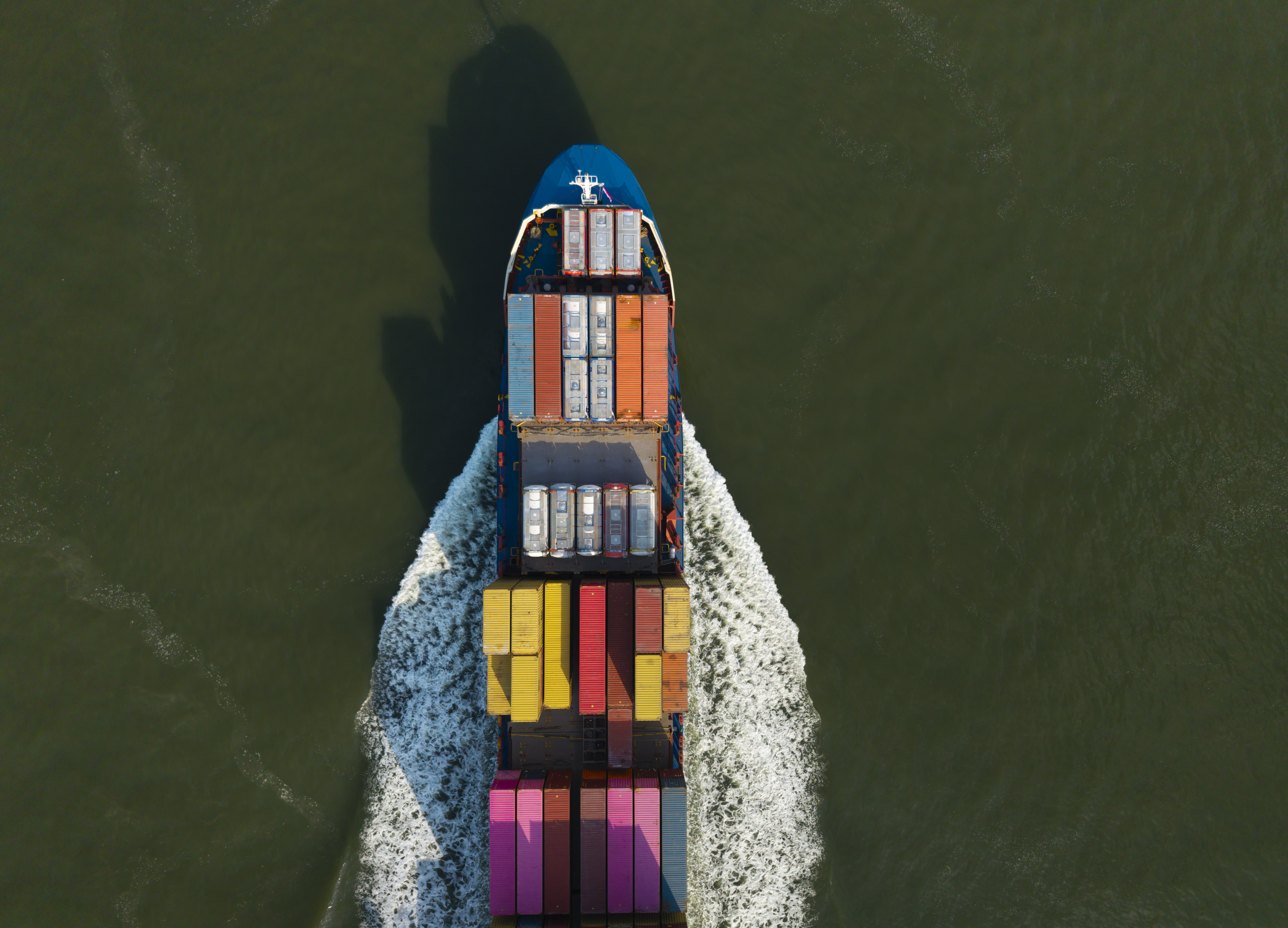 Aerial view of a containership at sea in the Netherlands