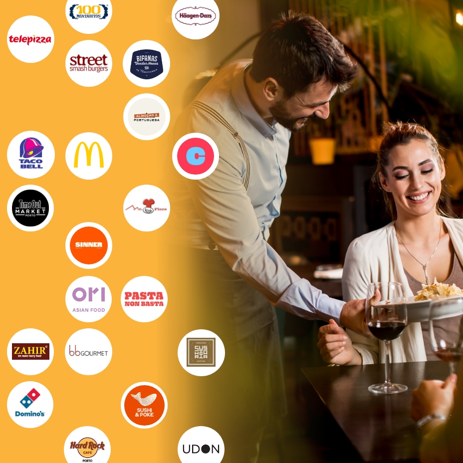 Graphic showing a dining scene alongside logos of novobanco restaurant partners, including Telepizza, 100 Montaditos, Häagen-Dazs, Street Smash Burgers, Bifanas, Taco Bell, McDonald’s, Time Out Market Porto, OPI Asian Food, Pasta Non Basta, Zahir, bbGourmet, Domino’s, Hard Rock Cafe, Sushi & Poke and Udon, indicating participating food and restaurant brands where benefits apply.
