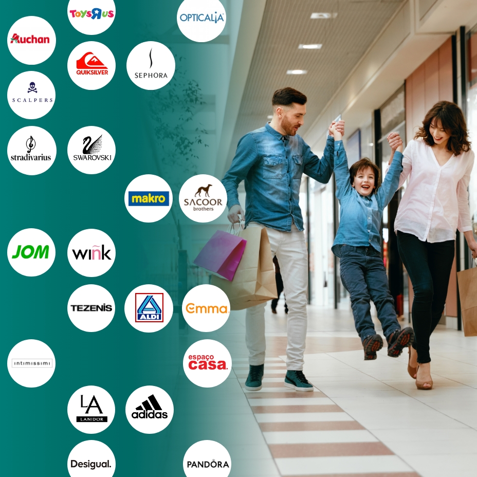 Graphic showing a family shopping in a shopping centre alongside a list of partner retail brands, indicating participating stores where discounts or benefits apply: Auchan, Toys“R”Us, Opticalia, Quiksilver, Sephora, Scalpers, Stradivarius, Swarovski, Makro, Sacoor Brothers, JOM, Wink, Tezenis, ALDI, Emma, Espaço Casa, Intimissimi, Lanidor, adidas, Desigual and Pandora.