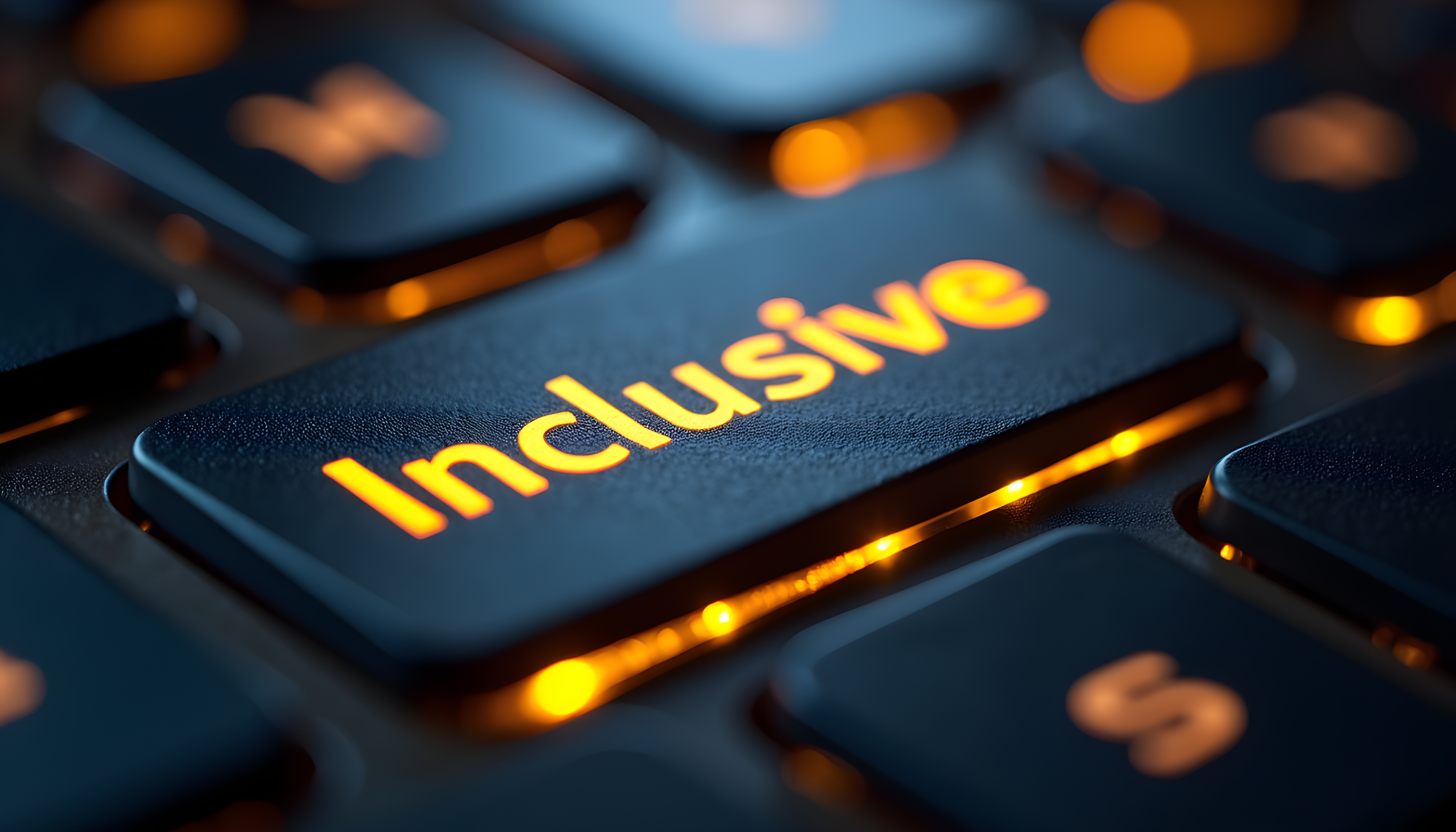 Um close-up de uma tecla brilhante com a palavra «Inclusive» num teclado de computador escuro destaca o conceito de diversidade e acessibilidade na tecnologia.