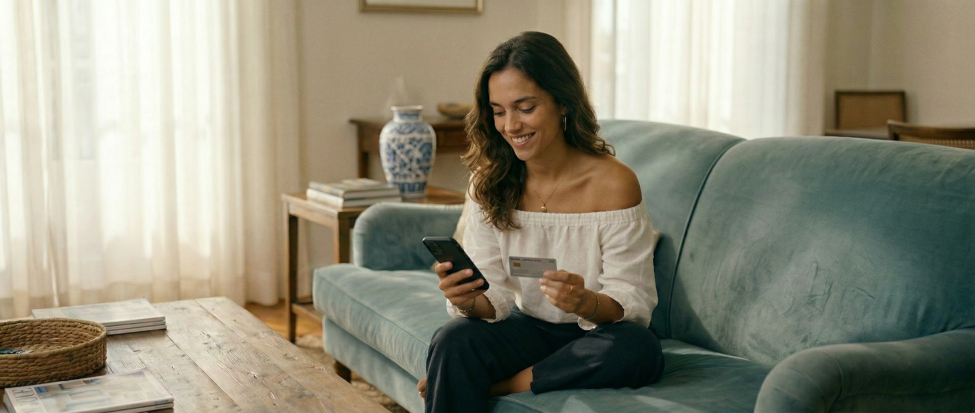 Pessoa sentada num sofá a utilizar um telemóvel enquanto segura um cartão bancário, num ambiente doméstico.