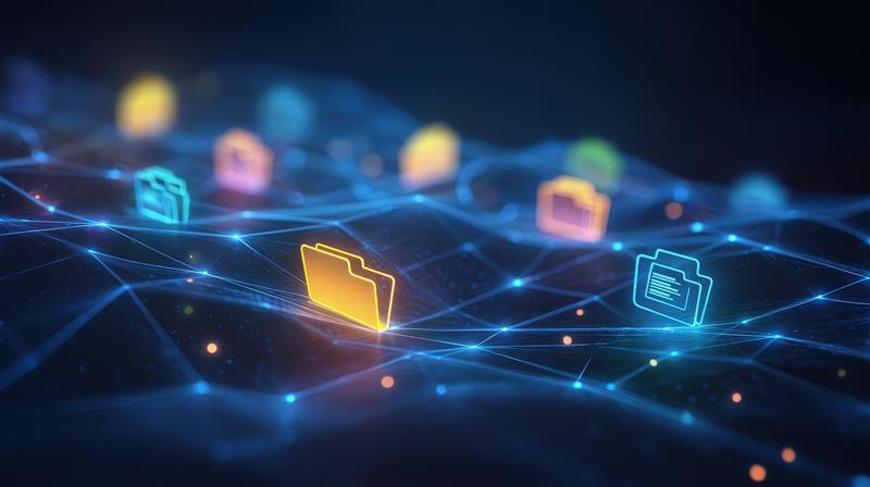 Ilustração digital com pastas de ficheiros coloridas ligadas por linhas e pontos luminosos, representando rede e gestão de dados