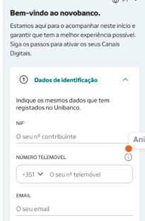 Ecrã de adesão aos Canais Digitais com os campos para introduzir os dados de identificação.