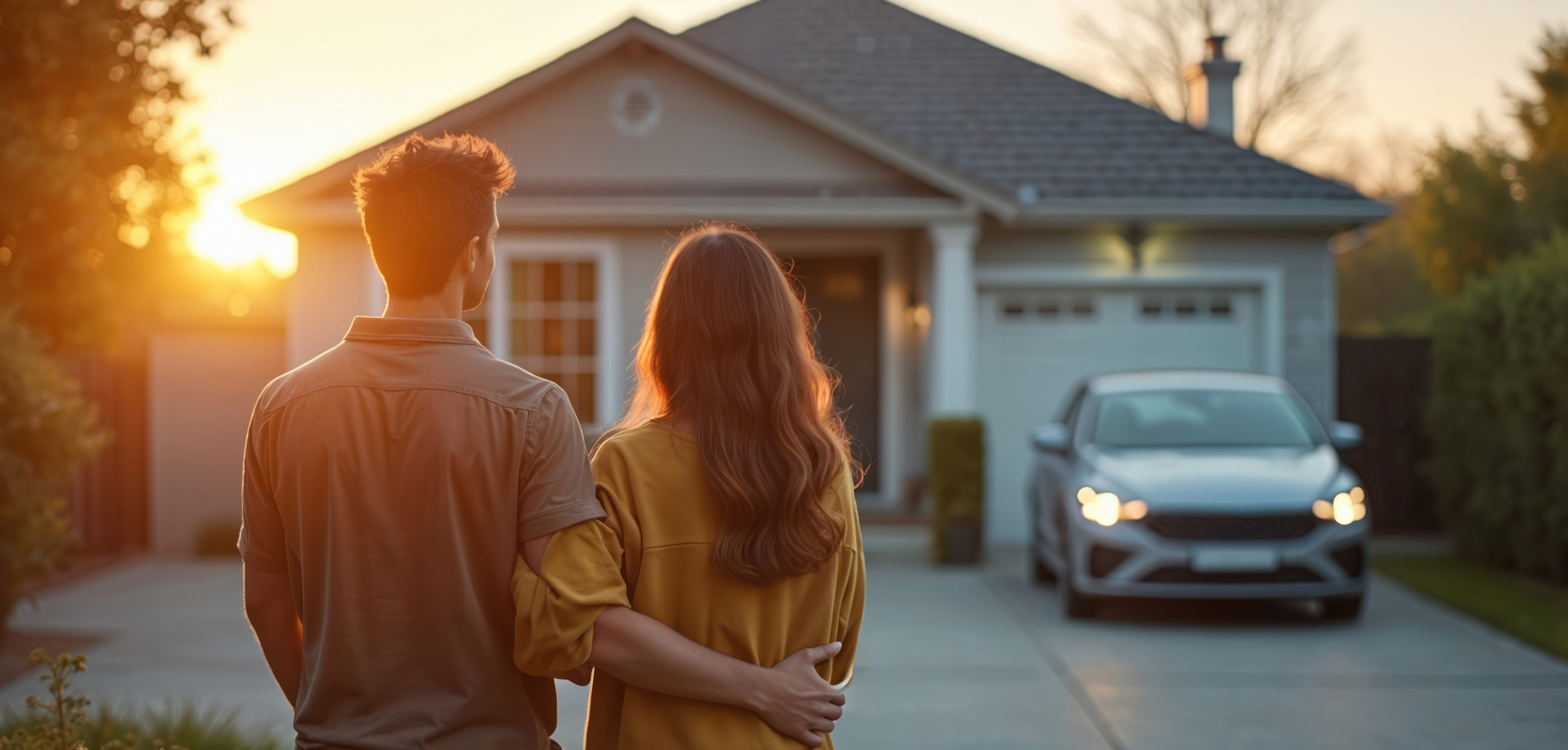 Happy couple stands outside new house at sunset. New homeowners hold key next to car. Residential family home, real estate purchase relationship and urban lifestyle concept.